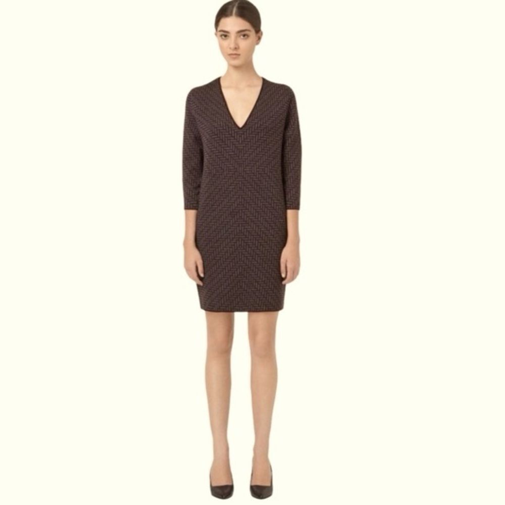 COS Burgundy/ Gray Jacquard 100% Merino Wool Mini Sweater Dress Size Extra Small